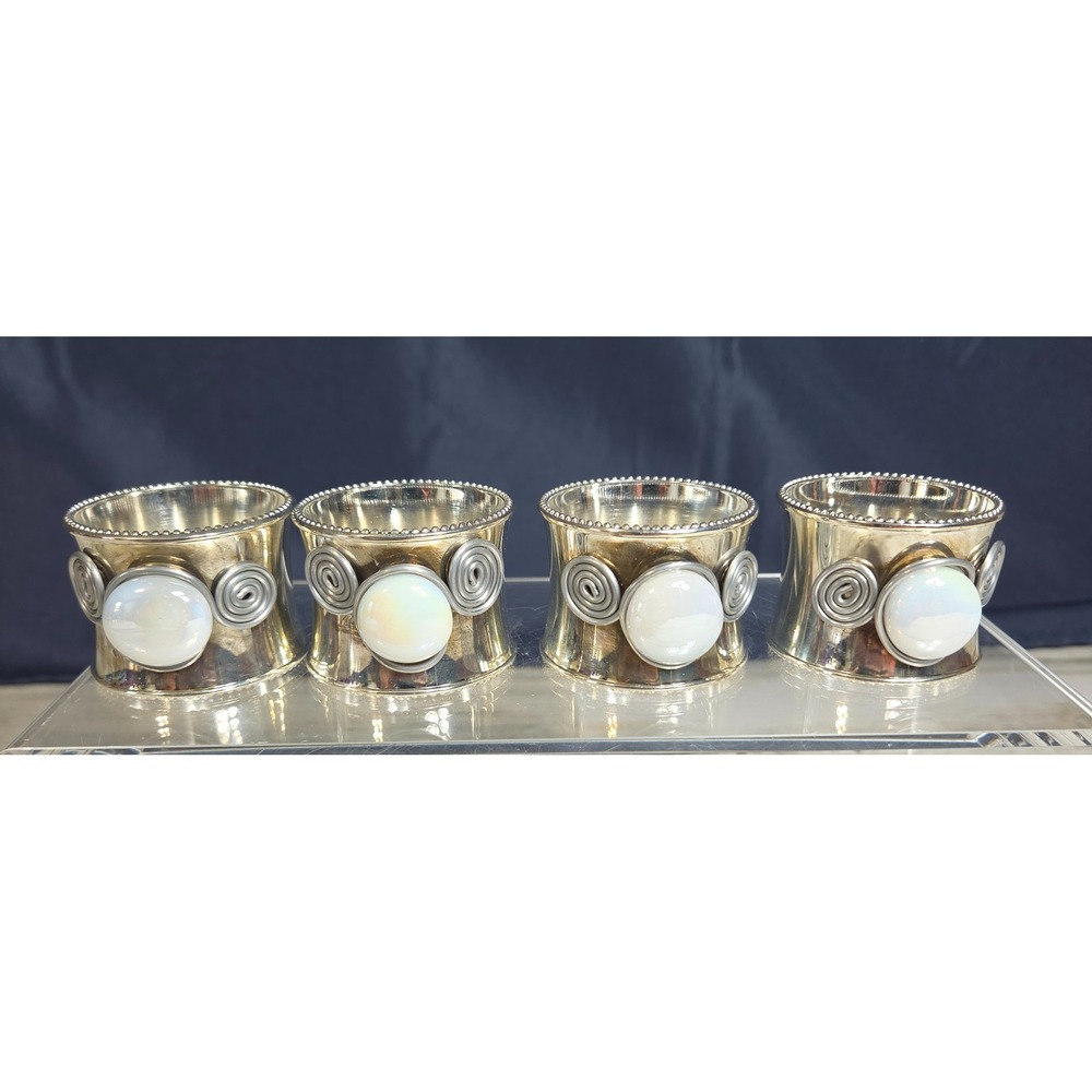 Vintage Set of 4 Silver Tone Napkin Rings Cabochon Stone Wire Scroll Spiral Boho